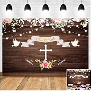 First Holy Communion Baptism Party Theme Photography Backdrops 7x5ft Vinyl Rustic Wood Board Glitter God Bless Floral Photo Background Christening Ceremony Newborn Baby Shower Party Banner Props