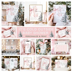 Baby Its Cold Outside Pink Bow Baby Shower BUNDLE Templates Baby Girl Snowy Pine Trees Wonderland Invitation 10x Games Welcome Sign Canva - Etsy