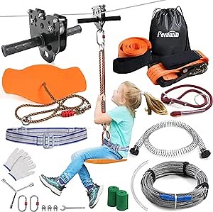 Perantlb Zipline for Backyard Kids and Adults,Zipline Kits for Backyard with 100ft Cable,6ft Zipline Spring Brake and Belt,Zip line Trolley with Handle,seat and Bag