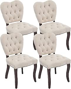 French Vintage Tufted Upholstered Dining Chairs, Beige Velvet with Wooden Legs, Ideal for Kitchen, Dining Room & Cafe, Set of 4 Dining Chairs