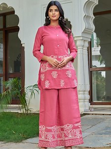 Buy Kaftanize Floral Embroidered Mandarin Collar Neck Tunic With Palazzo Co Ords -  - Apparel for Women