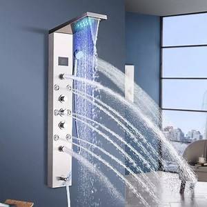 [Hot Item] Shower Panel Temperature Display Bathroom Wall Mounted Stainless Steel Waterfall Shower Column Set Tower Jets LED Shower Panels