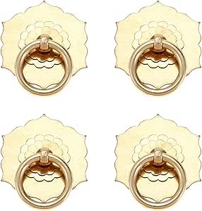 Yetaha 4PCS Antique Brass Ring Pulls,Vintage Hexagon Flower Ring Handles,Furniture Classical Solid Drop Knobs for Drawer Dresser Closet Wardrobe Cupboard Door Kitchen Bedroom Decoration