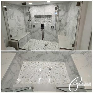 Check out this stunning walk-in shower that uses all the available space to create a large, spa-like room. Call (239) 332-3020, and we'll help you turn your bathroom into a relaxing retreat. #CornerstoneBuildersSWFL | Cornerstone Builders of Southwest Florida