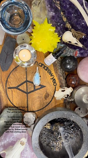 The Wisdom and Flow of The Intuitive Voice The Larimar talisman It can be worn as a talisman. Made by I am Andrew Yeo for the witch/wizzard/ healer that needs to work on the fly. Shibari bound with 925 sterling silver. Larimar healing properties in the spiritual dimension center on getting in touch with your feminine energy. It helps build a stronger sense of intuition, connectedness with nature, calmness and peace. Those who enjoy spiritual exploration into the mystic realms will find that Lari