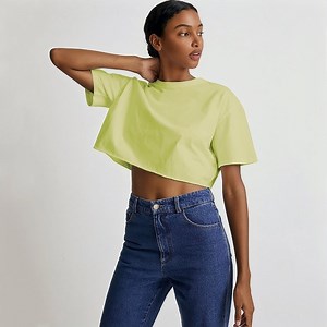 [Hot Item] Oversized Drop Shoulder Crop T-Shirt Solid Raw Hem Crop Top for Women