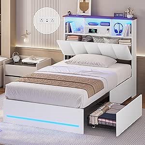 AOGLLATI Twin Bed Frame with 4 Storage Drawers & Charging Station & LED Lights, Twin Bed Frames with Stylish Bookcase Headboard, Led Bed Frame with Metal Slats, No Box Spring Needed,White