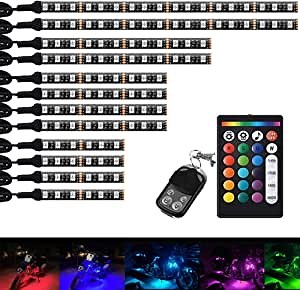 120LED 12Pcs Motorcycle LED Light Kit Strips Waterproof Multi-Color Underglow Neon Accent Ground Effect Atmosphere Lights Lamp with Dual Remote & Voice Control for Motorcycle ATV Golf Cart