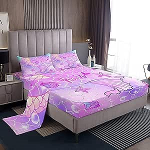Feelyou Mermaid Bed Sheets Queen Size - Kids Girls Rainbow Purple Mermaid Tail Printed Bedding Set - Cute Sheet Set - Fish Scale Bedroom Glitter Decor - All Season