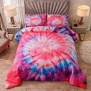 Sisher Tie Dye Boho Comforter Set Full/Queen Size, 3 Pieces(1 Pink Comforter, 2 Pillowcases) Kids Colorful Psychedelic Swirl Pattern Bedding Sets for Girls Teens