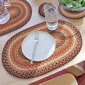 Homespice Gingerbread Jute Braided Placemats, Warm Country Decor, Set of 4, Brown 13x19 Oval Table Mats - Vibrant Colors, Durable, Easy to Clean and Protects Furniture
