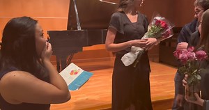 Allendale High School student Ryan Brandon sat down at a piano for his regular lesson at a Northeast Grand Rapids instrument and music store, his fingers gracefully dancing across the keys and instantly filling the room with beautiful sound. That beautiful sound from the restored baby grand piano was made possible by a group of Grand Valley music students who helped Mei Lin Wooden, '23, launch her career. Wooden was leader of the piano students in the fall semester, serving as a sounding board a