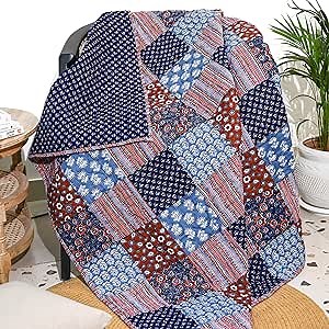 RAJRANG Patchwork Country Rustic Decorative Throw Blanket Multi Color Super Soft Cotton Warm Indian Vintage Quilt for Sofa and Couch 50 x 60 Inches