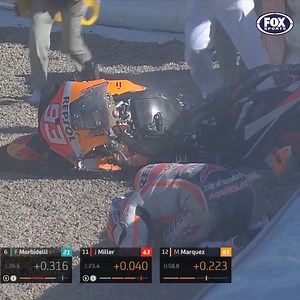 MotoGP star Marc Márquez somehow walked away from this terrifying 180km/h crash. When you see how close the bike comes to hitting him... 😱 | FOX Sports Australia