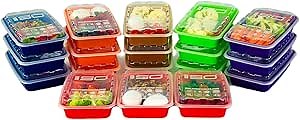 ISO Meal Prep Containers with Lids Certified BPA-Free Stackable Reusable Microwave/Dishwasher/Freezer Safe 16 oz, 18 Count, MULTI COLOR