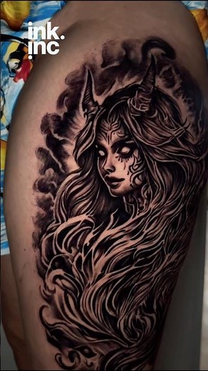 😈 Dark Demon Lady Thigh Tattoo | Black and Grey Realism Ink 🖤 #tattoo #darktattoo