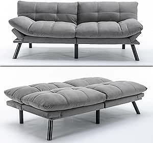 70“ Modern Velvet Futon Couch Sleeper,Convertible Sleeper Sofa Bed with Adjustable Backrests and Folding Armrest for Living Room Bedroom Office Apartment,Split Back,Mattress Included (Grey)