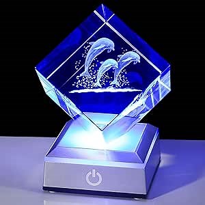 YWHL Crystal Dolphin Gifts - 3D Laser Etched Dolphin Figurine with Colorful Light Base, Nightlight Decor for Girlfriend, Wife, Mom