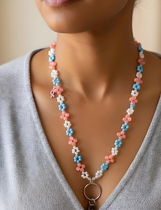 Pastel Flower Beaded Lanyard With Pink Awareness Charm - Etsy Canada