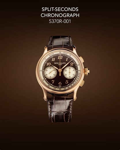 Split-Seconds Chronograph Ref. 5370R-001 in 18K rose gold pairs a Grand Feu brown enamel dial with beige champlevé subdials and tachymeter scale, framed by a concave bezel and polished case with recessed satin-finished flanks. Inside ticks the manually wound CHR 29-535 PS calibre—with column wheels, horizontal clutch, instantaneous 30-minute counter and small seconds—matched to rose gold Breguet numerals and luminescent leaf-shaped hands. The shiny dark chestnut alligator strap secures with a ro