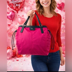 Burberry London Tote Bag Buckleigh Military Red Nylon Shopper Leather Trim $575