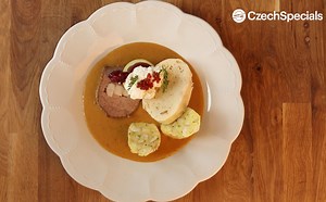 Svickova (Beef Silroin with cream sauce) is probably the most typical Czech dish. No wonder that most probably you would be served this one during the Czech wedding lunch. Learn how to make this Czech signature dish today Ingredients:⤵️⁣ 750 g of back beef or real sirloin bacon, cut into narrow wedges salt, ground pepper 2 large carrots 1/3 celery 1 parsley 1 onion 5 balls of whole pepper 3 balls of fresh spices 3 bay leaves a pinch of thyme 150 g of melted butter lemon juice from 1 lemon broth 