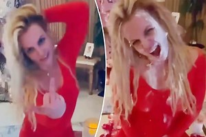 Britney Spears flips off camera, eats cake from floor after Instagram return