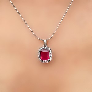 Genuine Ruby Emerald Cut Octagon Halo Silver Pendant Necklace - Etsy