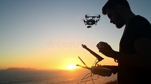 Sunset, Space and a Man Flying a Drone Over the Ocean in Nature for Video Footage during Summer. Blue Sky, Sea and Stock Video - Video of coast, photographer: 294030033