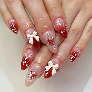 Valentine's Day Press on Nails with Rhinestones Designs, Glossy Gradient Red Medium Almond Shape Fake/False Nails Pearl Full Cover Acrylic Nails X Glue Stick on Artificial Fingernails for Women Girls