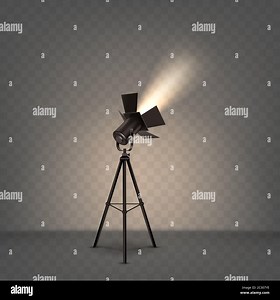 Spotlight realistic vector. Professional photo and video lamp, standing on tripod, stage equipment with warm yellow light on transparent background Stock Vector Image & Art - Alamy