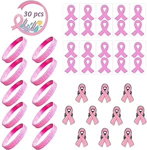 30 Pcs Breast Cancer Awareness Accessories, Include Breast Cancer Bracelets Silicone, Breast Cancer Ribbon Pins and Bulk Pink Ribbon Stickers for Charity Public and Social Event Supplies