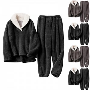 2 Piece Pajama Sets for Women Thicken Warm Fleece Pjs Outfits Plus Size Long Sleeve Crewneck Casaul Sleepwear Tops & Elastic Waist Thermal Long Pants Autumn Winter Fuzzy Lounge Cozy Homewear Clothes