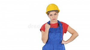 Woman with Protective Helmet Showing Fist To Camera Did Somethin Stock Image - Image of helmet, female: 197524545