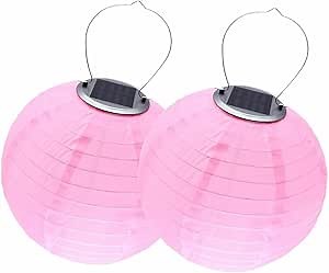 Solar Chinese Lanterns - 2 Pcs Waterproof Ball LED Lanterns, for Outdoor Garden Patio Carport Courtyard Backyard Decoration, 12in(Color:Pink)