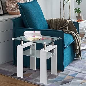 Glass End Table with Safty Table Corner Protectors, 2-Tiyer Side Table with Black Legs 23.6"x23.6"x23.6"