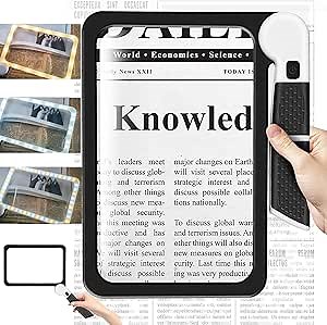 Full Page 5X Magnifier Sheet with Light for Reading, Rectangular Magnifying Glass with 48 Led Cold & Warm Lights 3 Modes, Anti Glare Folding Handheld Magnifier Glasses Gift for Seniors Low Vision