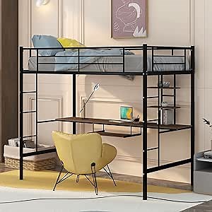 Harper & Bright Designs Metal Loft Bed Twin Size with Desk, Loft Bed Full-Length Guardrail, No Box Spring Needed (Black)
