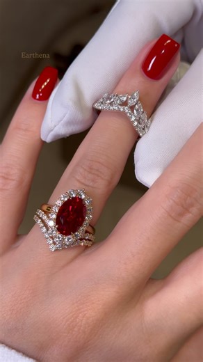 883K views · 3.3K reactions | Meet The Gloria, 4ct elongated oval-cut ruby set in a luxe halo cathedral design. Pure fire #Earthena #RubyEngagementRing //Ruby //RubyRing //HaloRing //OvalCutRuby //RedGemstoneRing //CathedralSetting //StatementRing //LuxuryJewelry //ModernHeirlooms //FineJewelry //EngagementRingGoals | Earthena Jewelry | Facebook