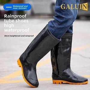 Unisex High Knee Waterproof Rain Boots Anti-Slip PVC Sole Black Yellow