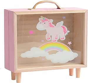 Wooden Box-Type Piggy Bank, Retro Style Suitcase Money Bank Wooden Case Money Box Vintage Wood Coin Bank Table Decoration Kit (Unicorn)