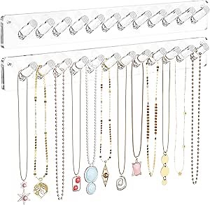 MaxGear Necklace Holder Wall 2-Pack, Clear Acrylic Jewelry Organizer with 24 Hooks, Tangle-Free Display for Necklace, Bangles, Ring, Bracelet Storage, Perfect for Bathroom, Vanity, Closet Door