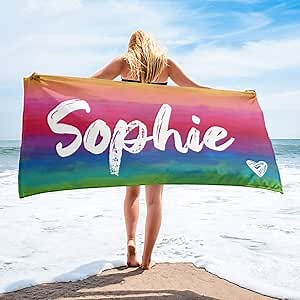 Personalized Beach Towels for Women Kids Girls Boys Adults Men. Custom Name Beach Towel with Name Mermaid Flamingo Pineapple Shark Honeymoon Basketball Baseball Summer Gifts (Rainbow, 30" x 60")