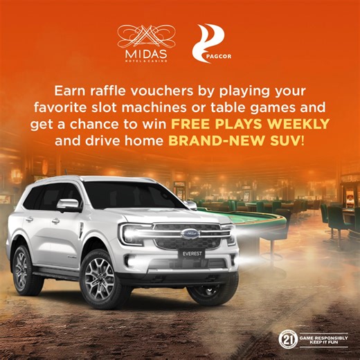 🚗💥 Win Big. Drive Bigger. 💥🚗 The road to luxury is still wide open! Join our Summer Sizzler Spectacular and earn raffle entries every time you play your favorite slot machines or table games here at Midas Hotel and Casino. 🎟️ The more you play, the more chances you get to drive home a brand-new Ford Everest this July 25 during our Grand Raffle Draw! Don’t let this chance pass you by — play today and steer your way toward an unforgettable win! | Midas Hotel & Casino