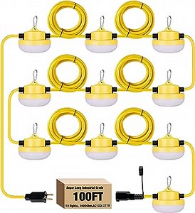 100FT Construction String Lights 80W 10000LM AC100-277V Industrial LED String Work Lights IP65 Waterproof 125LM/W Extral Efficient for Construction Sites Temporary Work Jobsite Outdoor Lighting