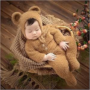 Newborn Boy Photoshoot Outfits Newborn Photography Props Mohair Bear Hat Bonnet & Footed Romper Bodysuit Newborn Baby Girl Photo Shoot Props Newborn Picture Props Photoshoot Costume Set Brown