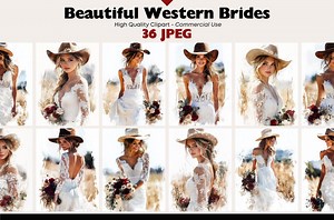 36 Western Bride JPEG Clipart, Country Wedding Dress Art, Rustic Bride Watercolor Clip Art for Invitations Scrapbooking and Paper Crafts - Etsy