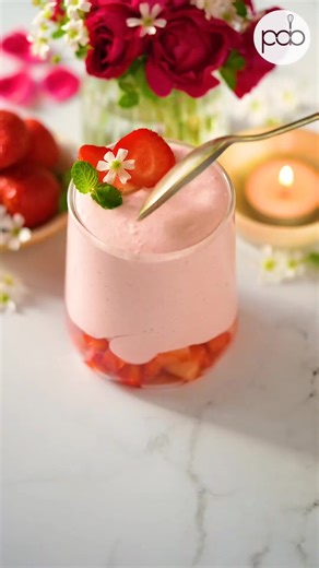 Strawberry Mousse... The simplest, most delicious fuss free mousse you'll ever make, take my word for it! Strawberry season is in full swing here and the deep red strawberries constantly call my name. I have the most fun when I experiment with ingredients on hand to create simple, quick desserts and this one turned out too special. It's light, it's flavourful with the sweet tang of strawberries, needs very few ingredients and it has great body! I served this eggless mousse over chopped strawberr