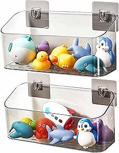 Bath Toy Storage 2 Packs, Large Bath Toy Holder, Quick Dry Bathtub Toys Organizer, Shower Caddy Shower Organizer for Bathroom Storage, No Drill Shelves Basket, Drainable, Clear Black