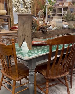 1.5K views · 16 reactions | 10’ long sturdy farm table with an extremely smoooooooth top! $995 Set of six mismatched wooden vintage chairs $350 Primitive long crock bench (on to off table) $198 | Heritage Market | Facebook